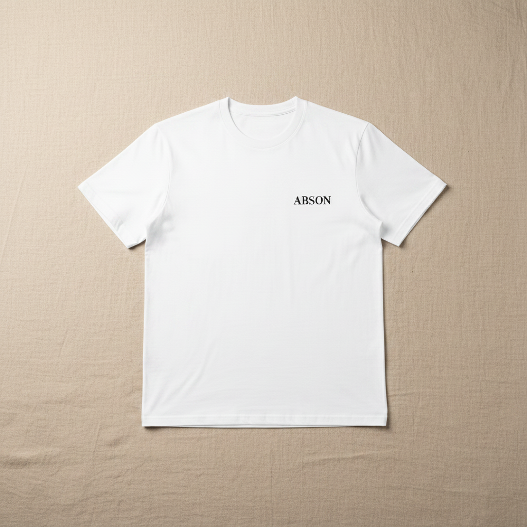 ABSON White T-Shirt Flat Lay - Beige Linen Background